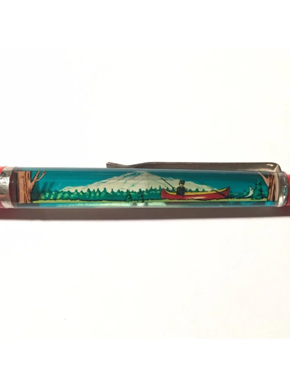 Beautiful Oregon Floaty Pen Fisherman Moves Past Lake Forest Mountains Souvenir